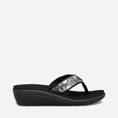 Teva Voya Wedge Women's Black / White / Silver Flip Flops CA28003 Canada Clearance